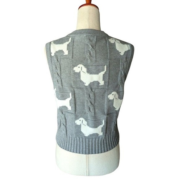 Grey Cable Knit Dachshund Dog Sweater Vest Wool Blend Sleeveless Top Womens - Picture 4 of 6